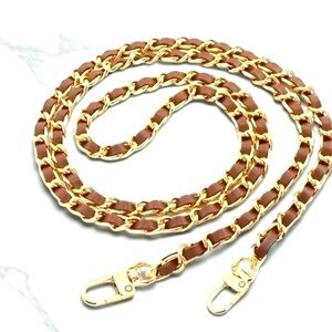 Gold Chain Shoulder Strap with Brown Leather Weave